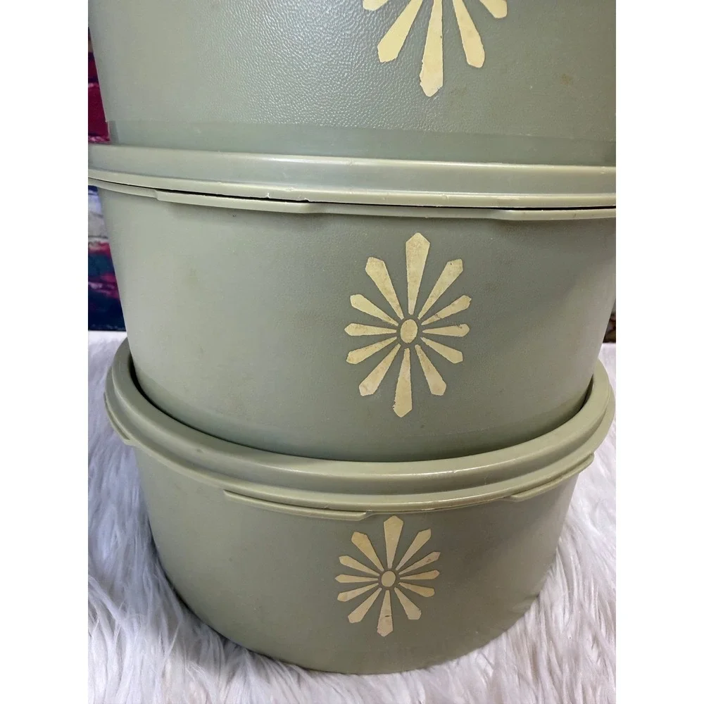 Vintage Tupperware Servalier Set of 3 Avocado Green White Starburst Canisters